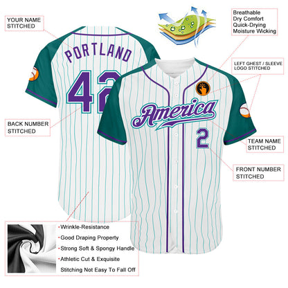 Custom White Aqua Pinstripe Purple-Aqua Authentic Raglan Sleeves Baseball Jersey - Sky-Custom