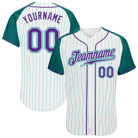 Custom White Aqua Pinstripe Purple-Aqua Authentic Raglan Sleeves Baseball Jersey - Sky-Custom