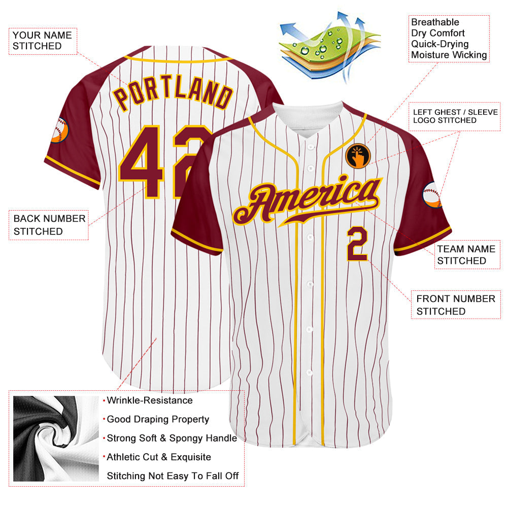 Custom White Crimson Pinstripe Crimson-Gold Authentic Raglan Sleeves Baseball Jersey - Sky-Custom