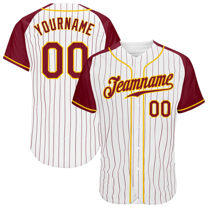 Custom White Crimson Pinstripe Crimson-Gold Authentic Raglan Sleeves Baseball Jersey - Sky-Custom