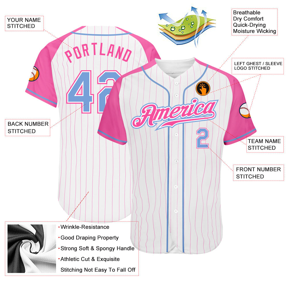 Custom White Pink Pinstripe Light Blue-Pink Authentic Raglan Sleeves Baseball Jersey - Sky-Custom