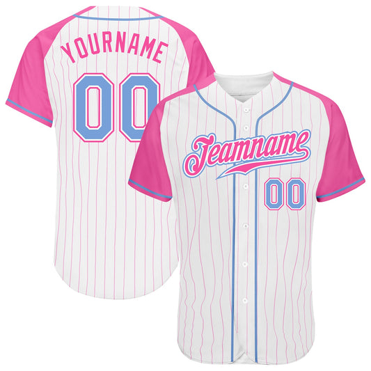 Custom White Pink Pinstripe Light Blue-Pink Authentic Raglan Sleeves Baseball Jersey - Sky-Custom