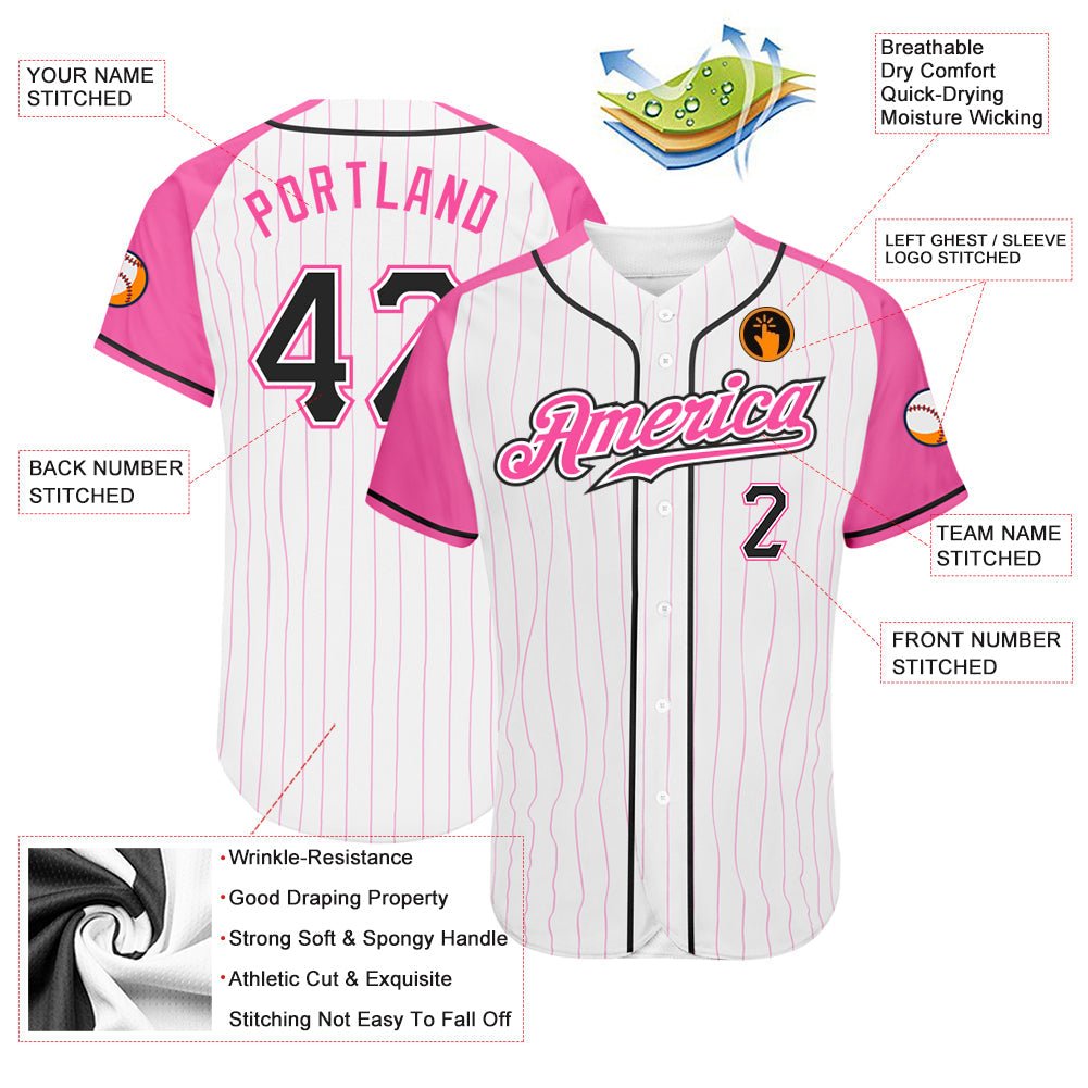 Custom White Pink Pinstripe Black-Pink Authentic Raglan Sleeves Baseball Jersey - Sky-Custom