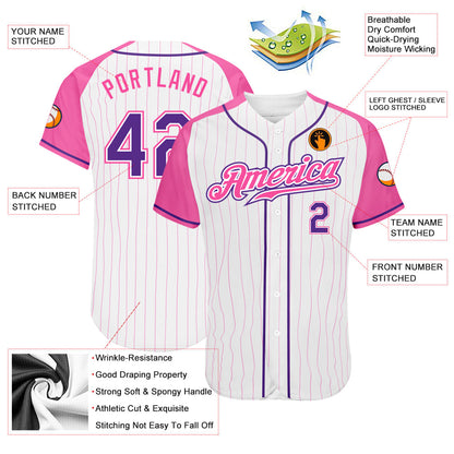 Custom White Pink Pinstripe Purple-Pink Authentic Raglan Sleeves Baseball Jersey - Sky-Custom