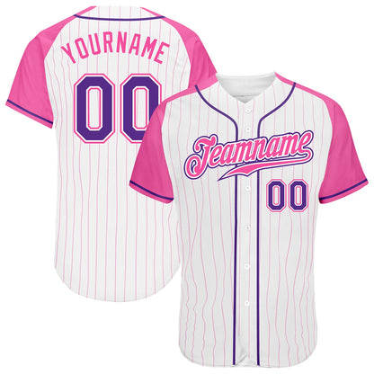 Custom White Pink Pinstripe Purple-Pink Authentic Raglan Sleeves Baseball Jersey - Sky-Custom