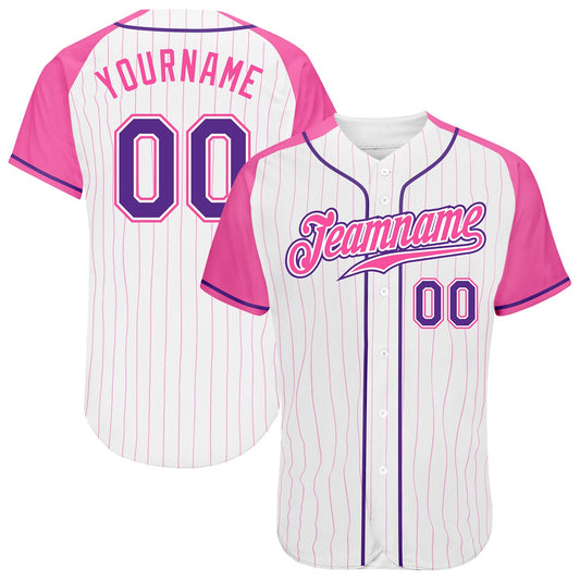 Custom White Pink Pinstripe Purple-Pink Authentic Raglan Sleeves Baseball Jersey - Sky-Custom