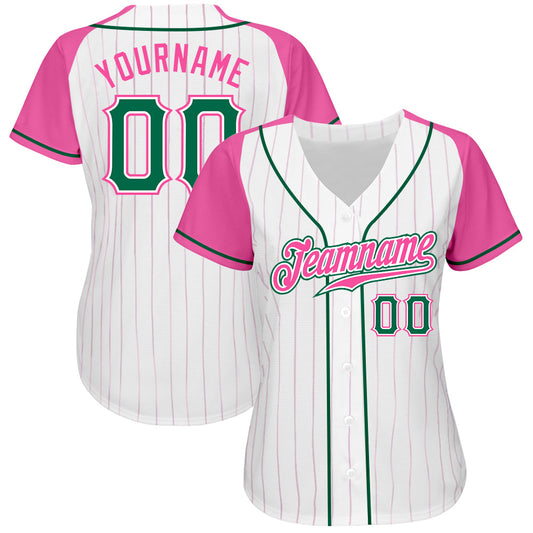 Custom White Pink Pinstripe Kelly Green-Pink Authentic Raglan Sleeves Baseball Jersey - Sky-Custom