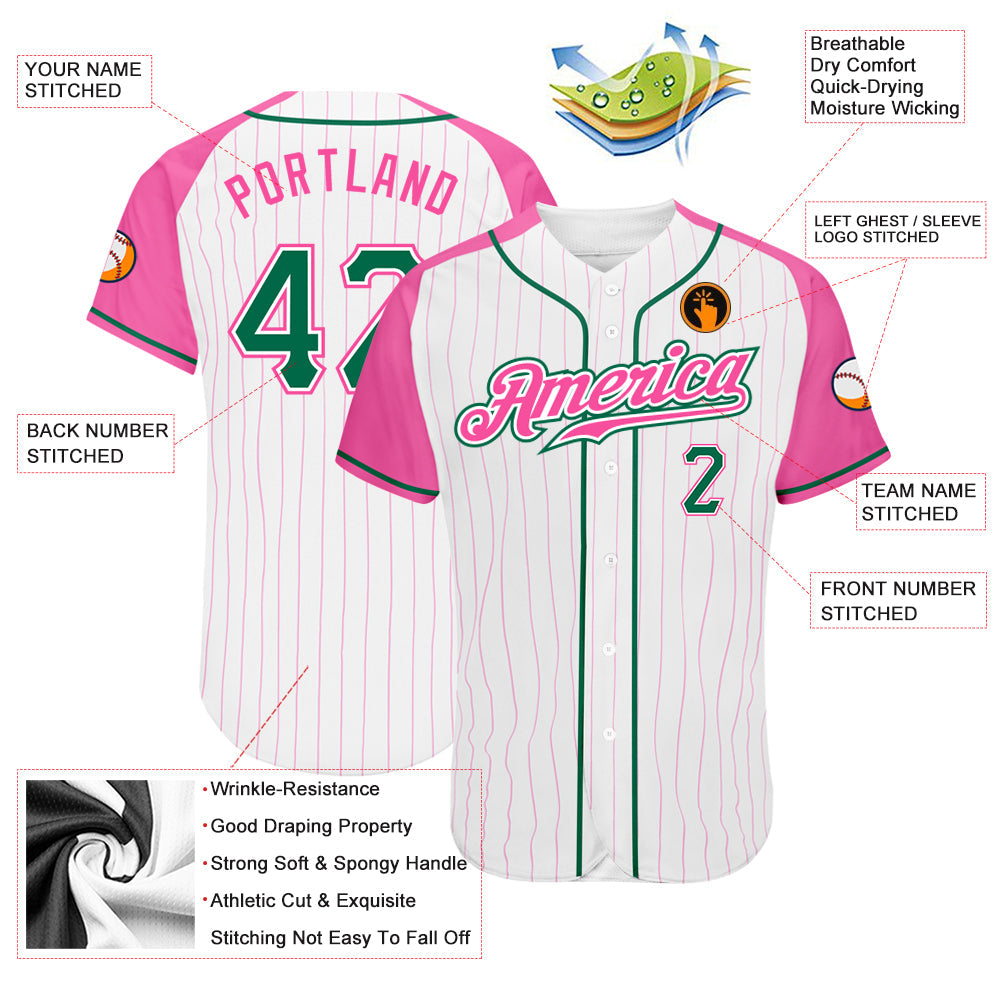 Custom White Pink Pinstripe Kelly Green-Pink Authentic Raglan Sleeves Baseball Jersey - Sky-Custom