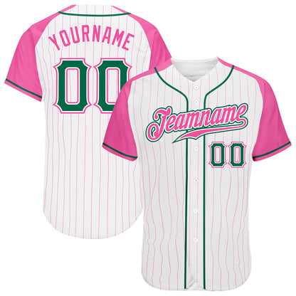 Custom White Pink Pinstripe Kelly Green-Pink Authentic Raglan Sleeves Baseball Jersey - Sky-Custom