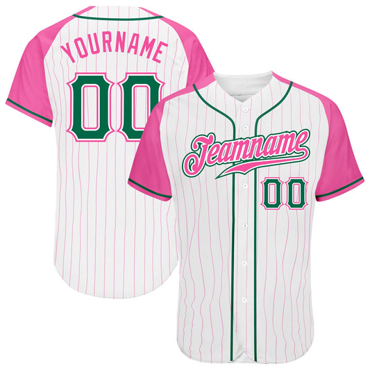Custom White Pink Pinstripe Kelly Green-Pink Authentic Raglan Sleeves Baseball Jersey - Sky-Custom