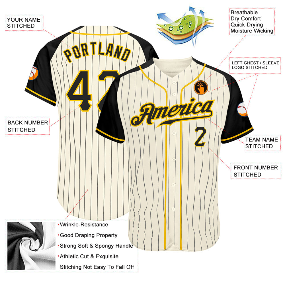 Custom Cream Black Pinstripe Black-Gold Authentic Raglan Sleeves Baseball Jersey - Sky-Custom