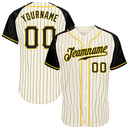 Custom Cream Black Pinstripe Black-Gold Authentic Raglan Sleeves Baseball Jersey - Sky-Custom