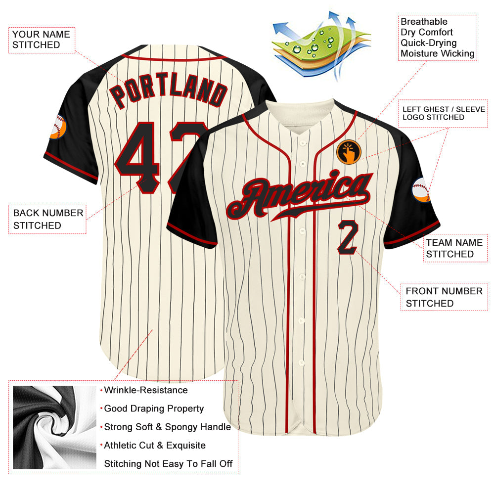 Custom Cream Black Pinstripe Black-Red Authentic Raglan Sleeves Baseball Jersey - Sky-Custom
