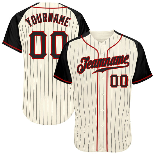 Custom Cream Black Pinstripe Black-Red Authentic Raglan Sleeves Baseball Jersey - Sky-Custom