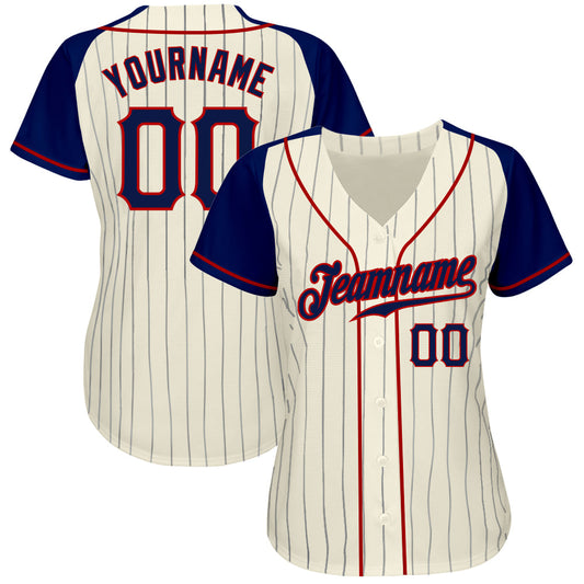 Custom Cream Navy Pinstripe Navy-Red Authentic Raglan Sleeves Baseball Jersey - Sky-Custom