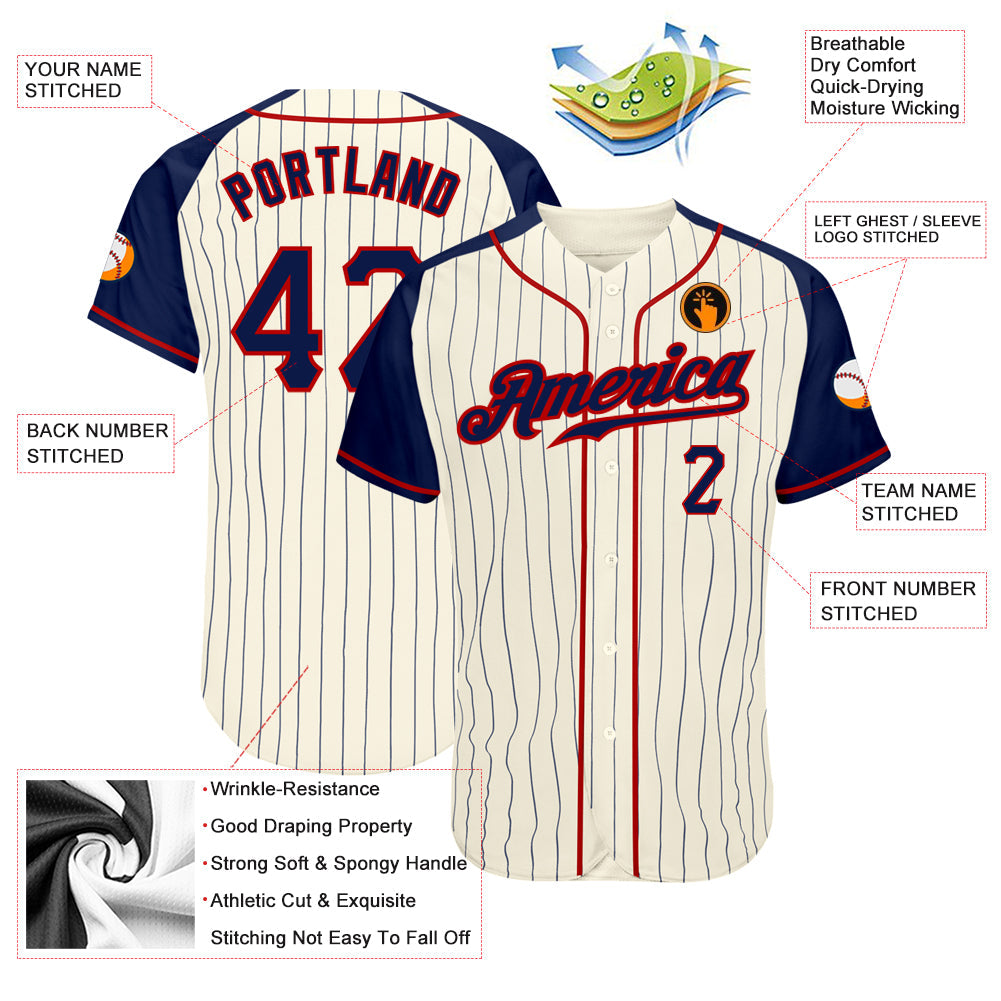 Custom Cream Navy Pinstripe Navy-Red Authentic Raglan Sleeves Baseball Jersey - Sky-Custom