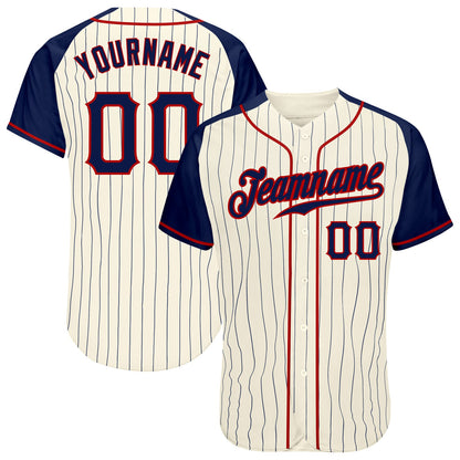 Custom Cream Navy Pinstripe Navy-Red Authentic Raglan Sleeves Baseball Jersey - Sky-Custom