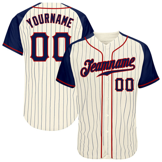 Custom Cream Navy Pinstripe Navy-Red Authentic Raglan Sleeves Baseball Jersey - Sky-Custom