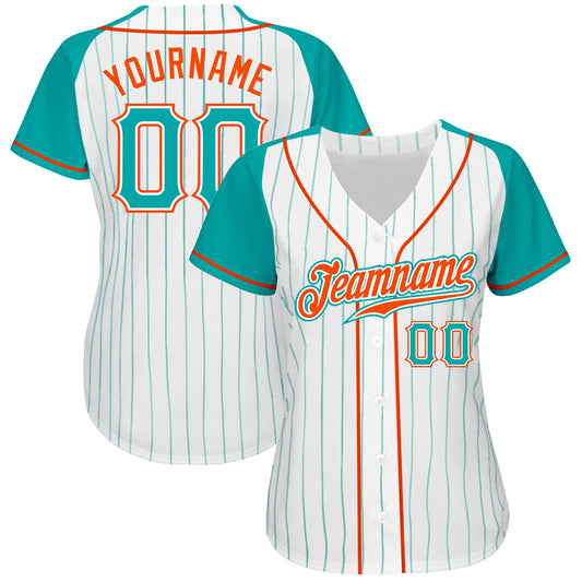 Custom White Aqua Pinstripe Aqua-Orange Authentic Raglan Sleeves Baseball Jersey - Sky-Custom