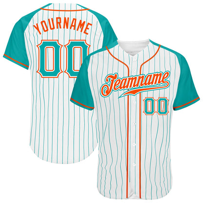 Custom White Aqua Pinstripe Aqua-Orange Authentic Raglan Sleeves Baseball Jersey - Sky-Custom