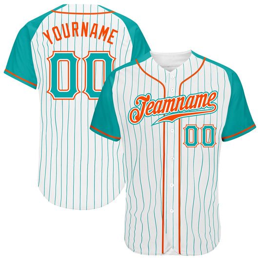 Custom White Aqua Pinstripe Aqua-Orange Authentic Raglan Sleeves Baseball Jersey - Sky-Custom