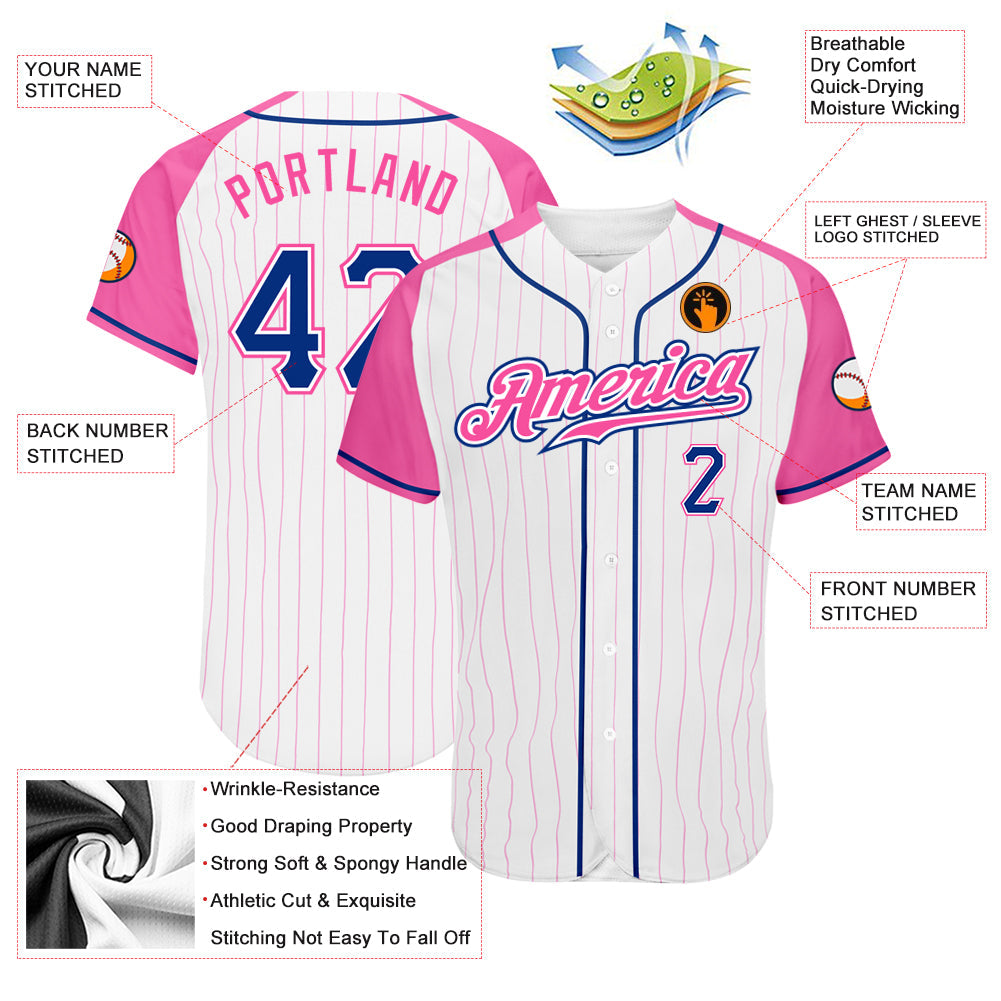 Custom White Pink Pinstripe Royal-Pink Authentic Raglan Sleeves Baseball Jersey - Sky-Custom