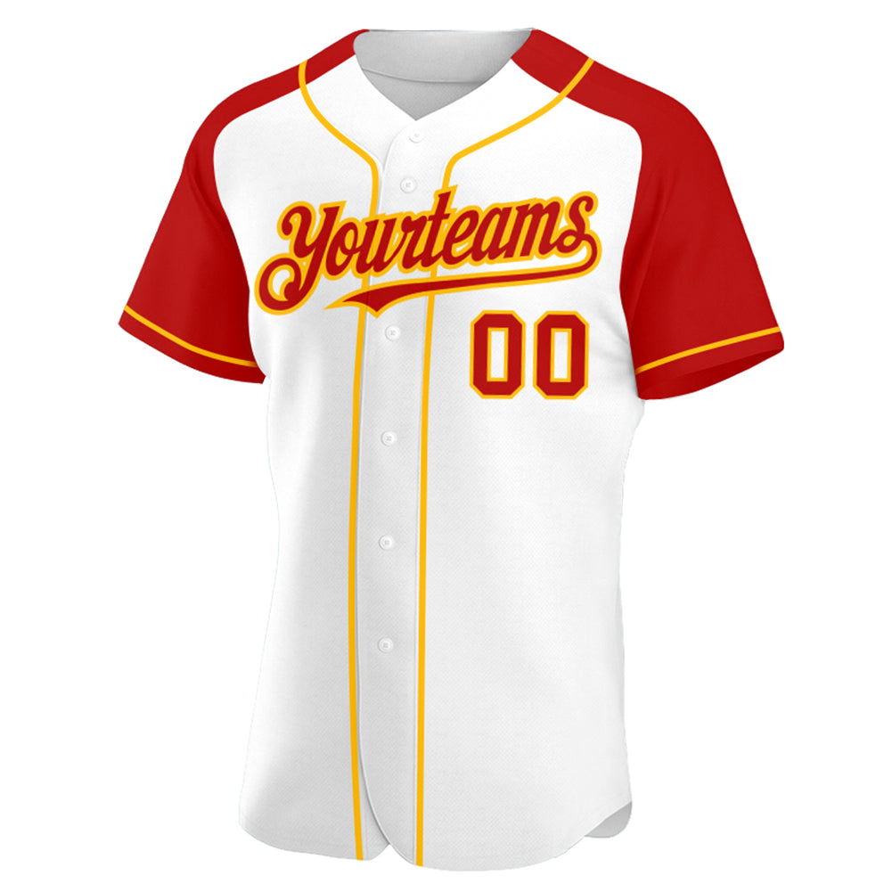 Custom White Red-Gold Authentic Raglan Sleeves Baseball Jersey - Sky-Custom