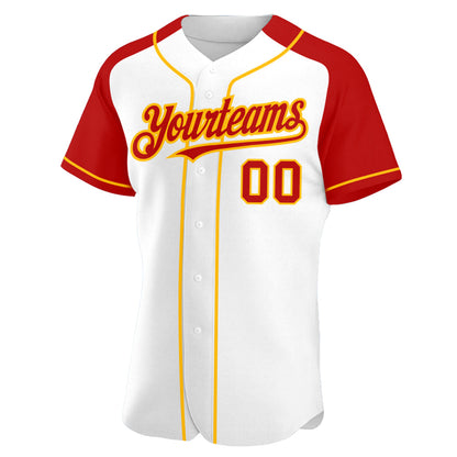 Custom White Red-Gold Authentic Raglan Sleeves Baseball Jersey - Sky-Custom