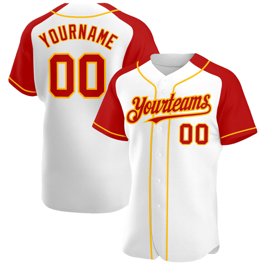 Custom White Red-Gold Authentic Raglan Sleeves Baseball Jersey - Sky-Custom