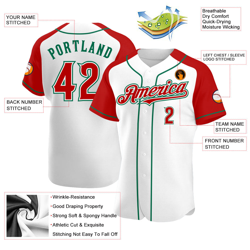 Custom White Red-Kelly Green Authentic Raglan Sleeves Baseball Jersey - Sky-Custom