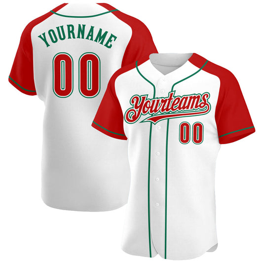 Custom White Red-Kelly Green Authentic Raglan Sleeves Baseball Jersey - Sky-Custom