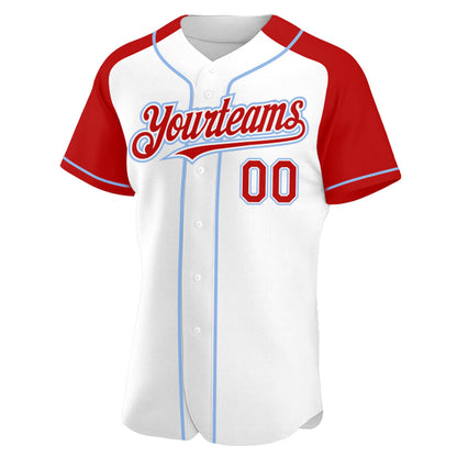 Custom White Red-Light Blue Authentic Raglan Sleeves Baseball Jersey - Sky-Custom