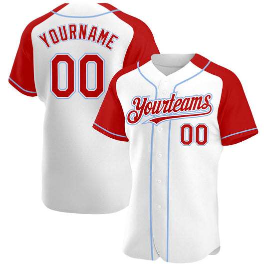 Custom White Red-Light Blue Authentic Raglan Sleeves Baseball Jersey - Sky-Custom