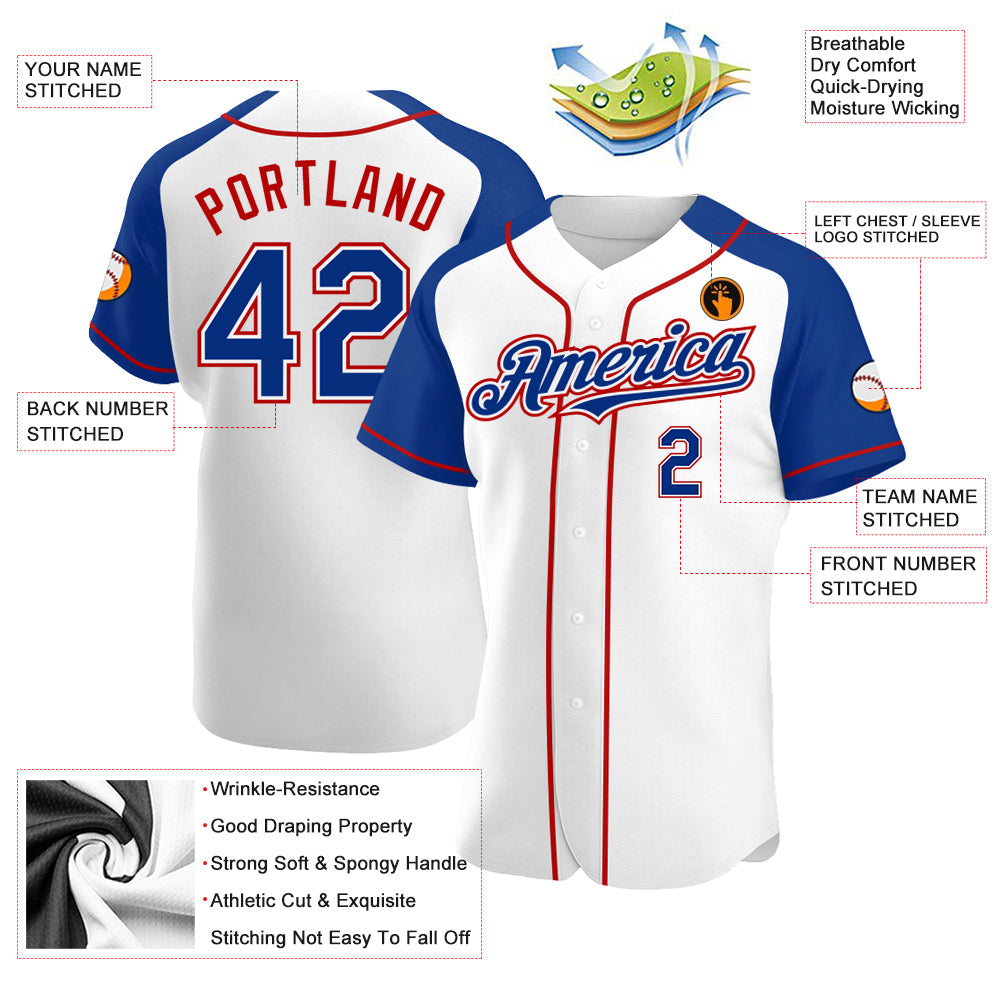 Custom White Royal-Red Authentic Raglan Sleeves Baseball Jersey - Sky-Custom