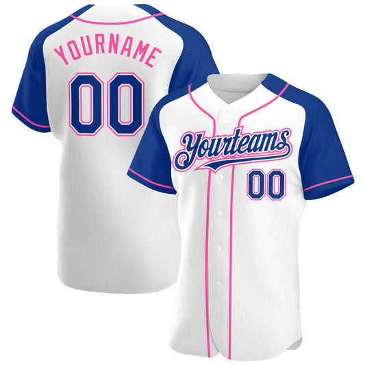 Custom White Royal-Pink Authentic Raglan Sleeves Baseball Jersey - Sky-Custom