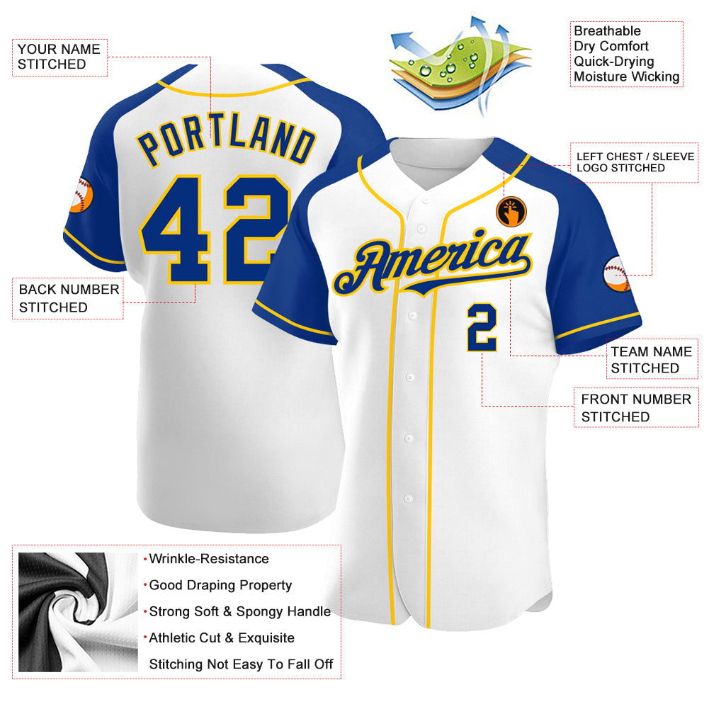 Custom White Royal-Yellow Authentic Raglan Sleeves Baseball Jersey - Sky-Custom