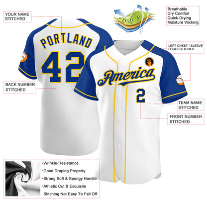 Custom White Royal-Yellow Authentic Raglan Sleeves Baseball Jersey - Sky-Custom