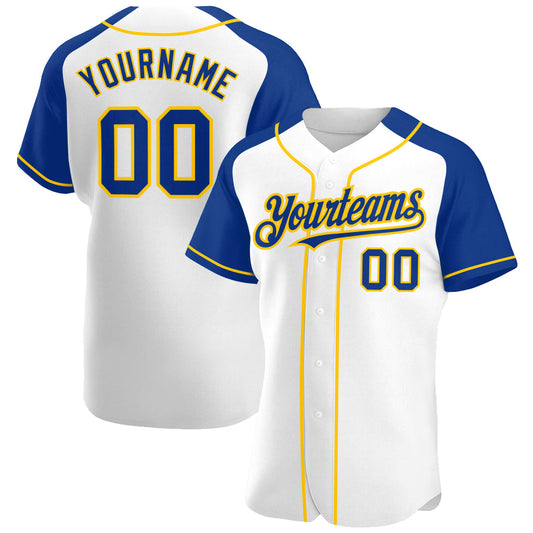 Custom White Royal-Yellow Authentic Raglan Sleeves Baseball Jersey - Sky-Custom