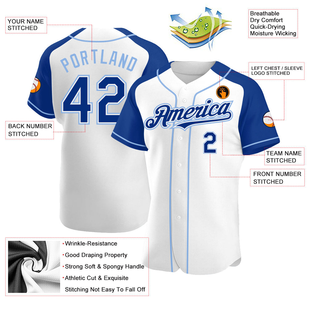Custom White Royal-Light Blue Authentic Raglan Sleeves Baseball Jersey - Sky-Custom