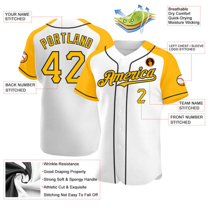 Custom White Gold-Black Authentic Raglan Sleeves Baseball Jersey - Sky-Custom