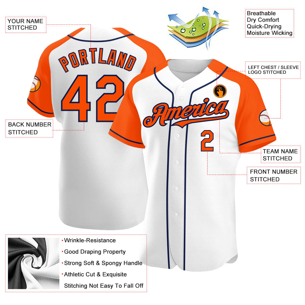 Custom White Orange-Navy Authentic Raglan Sleeves Baseball Jersey - Sky-Custom