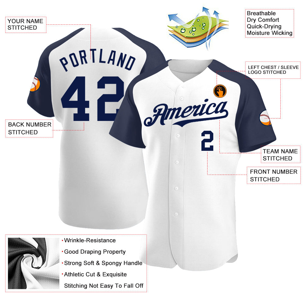 Custom White Navy Authentic Raglan Sleeves Baseball Jersey - Sky-Custom