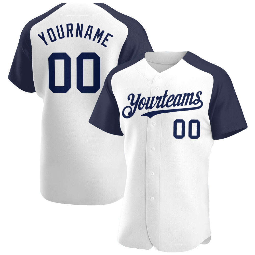 Custom White Navy Authentic Raglan Sleeves Baseball Jersey - Sky-Custom