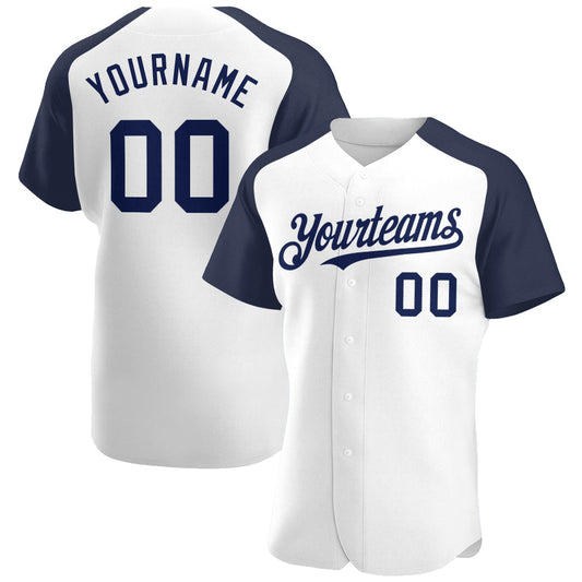 Custom White Navy Authentic Raglan Sleeves Baseball Jersey - Sky-Custom