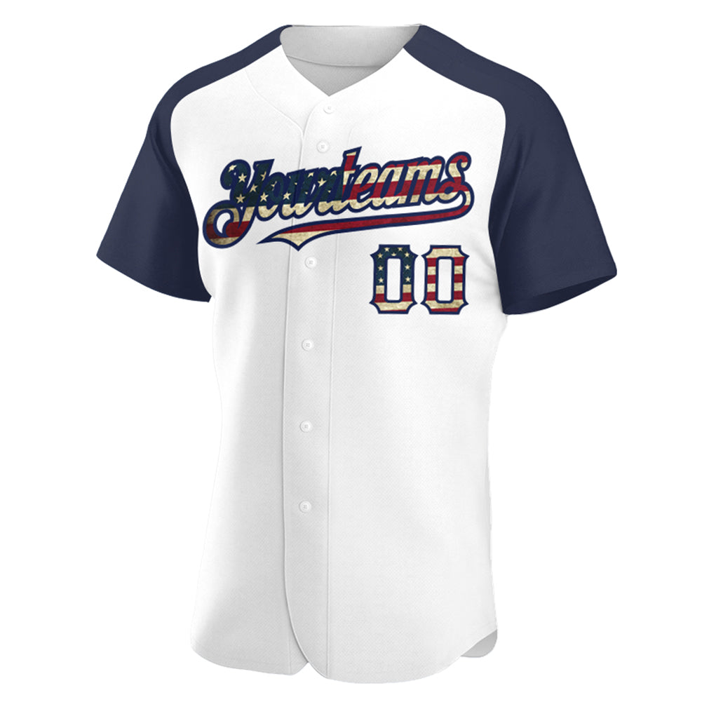 Custom White Vintage USA Flag-Navy Authentic Raglan Sleeves Baseball Jersey - Sky-Custom