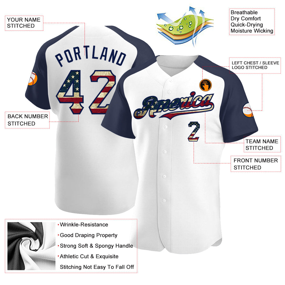 Custom White Vintage USA Flag-Navy Authentic Raglan Sleeves Baseball Jersey - Sky-Custom