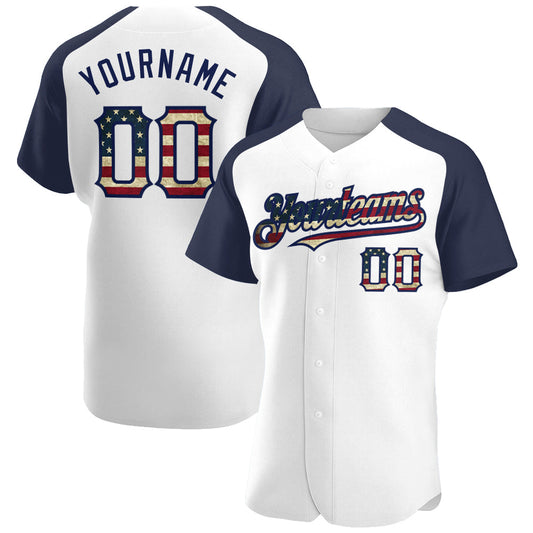 Custom White Vintage USA Flag-Navy Authentic Raglan Sleeves Baseball Jersey - Sky-Custom