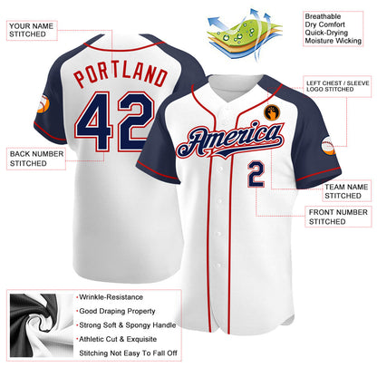 Custom White Navy-Red Authentic Raglan Sleeves Baseball Jersey - Sky-Custom
