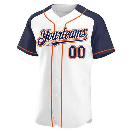 Custom White Navy-Orange Authentic Raglan Sleeves Baseball Jersey - Sky-Custom