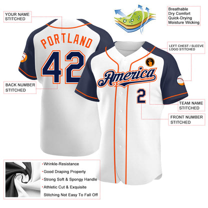 Custom White Navy-Orange Authentic Raglan Sleeves Baseball Jersey - Sky-Custom